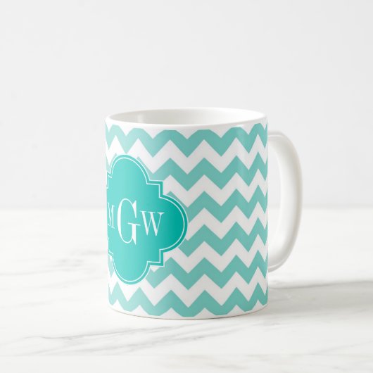 Turq/Aqua, Zickzack Aquamarin 3 Initialmonogramm Kaffeetasse (VorderseiteRechts)