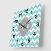 Turq/Aqua Zickzack Grau 3 Initialmonogramm Quadratische Wanduhr (Winkel)