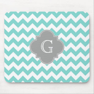 Turq/Aqua Zickzack-Graues Quatrefolienmonogramm Mousepad