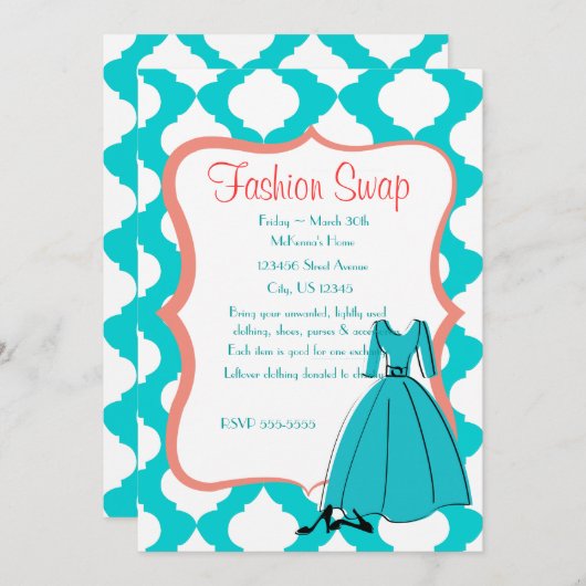 Turqoise & Coral Fashion Swap Einladung (Vorne/Hinten)