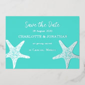 Turqoise Modern Tropical Starfish Beach Hochzeit Folieneinladung (Vorderseite)