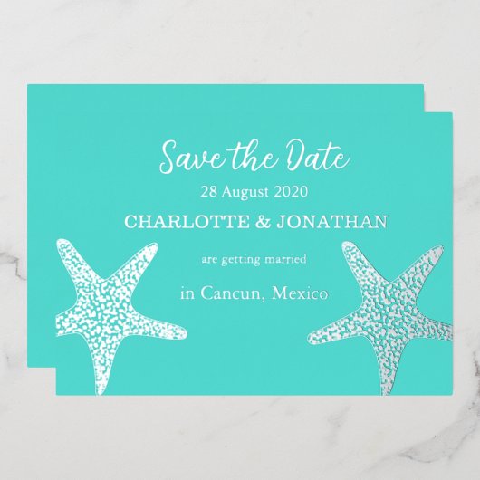Turqoise Modern Tropical Starfish Beach Hochzeit Folieneinladung (Vorderseite/Rückseite)