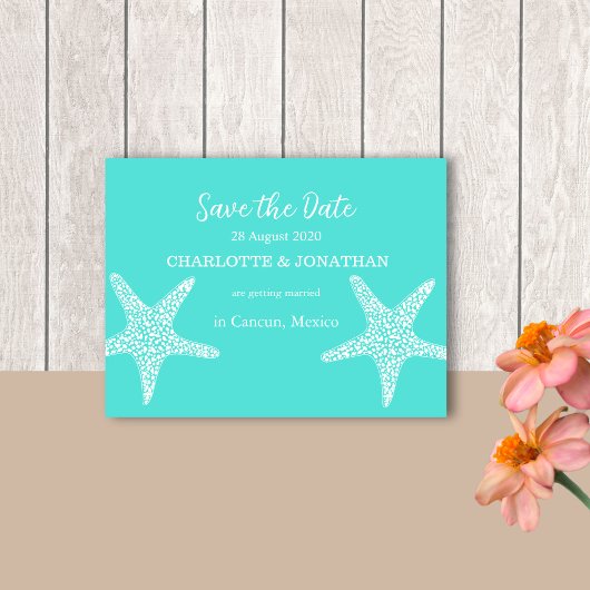 Turqoise Modern Tropical Starfish Beach Hochzeit Postkarte