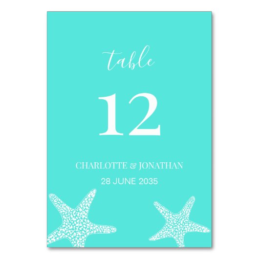 Turqoise Modern Tropical Starfish Beach Hochzeit Tischnummer (Vorderseite)