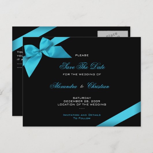 Turqoise Ribbon Wedding Save the Date 4 Ankündigungspostkarte (Vorne/Hinten)