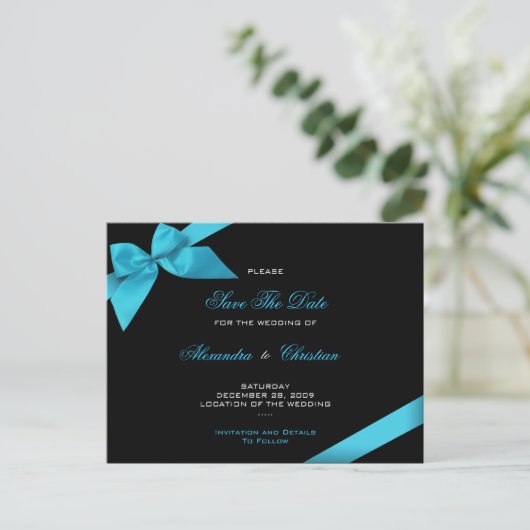 Turqoise Ribbon Wedding Save the Date 4 Ankündigungspostkarte (Stehend Vorderseite)