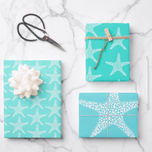 Turqoise Starfish Beach Summer Nautic Pattern Geschenkpapier Set (Vorderseite)
