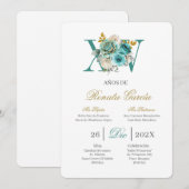 Turqouise floral quinceañera invitation einladung (Vorne/Hinten)