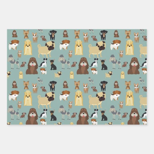 Turqouise Hintergrund Hunde Muster. Geschenkpapier Set (Vorderseite)
