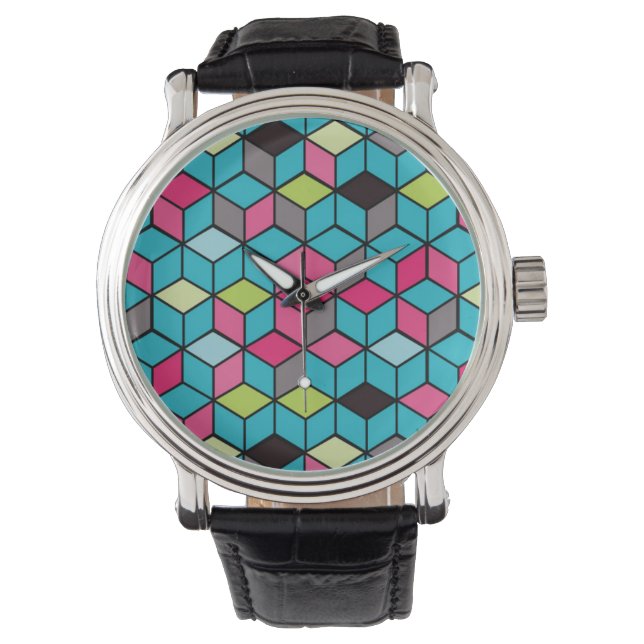 Turqouise und rosa Cube-Muster Armbanduhr (Vorderseite)