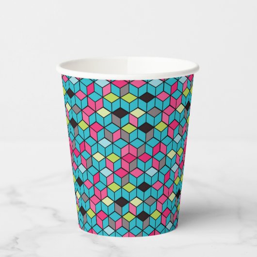 Turqouise und rosa Cube-Muster Pappbecher (Links)