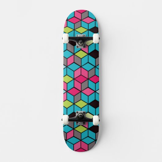 Turqouise und rosa Cube-Muster Skateboard (Vorderseite)
