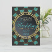 Turquiose Black Gold Sparkle Einladung zur Hochzei (Stehend Vorderseite)