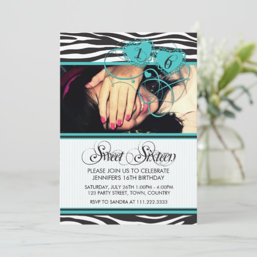 TURQUOISCH WEISSE COOLE ZEBRA DRUCK 16 . GEBURTSTA EINLADUNG (Stehend Vorderseite)