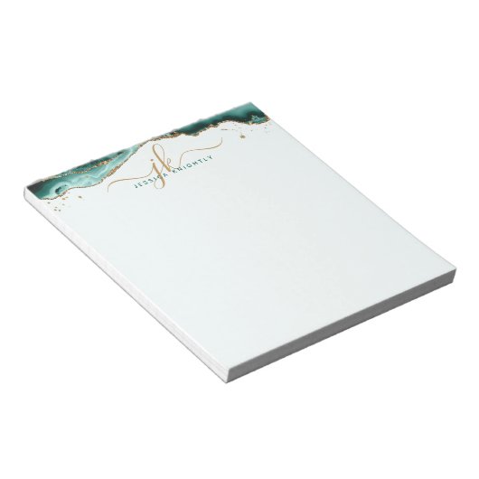 Turquoise Agate Geode Gold Glitzer Script Monogram Notizblock (angewinkelt)