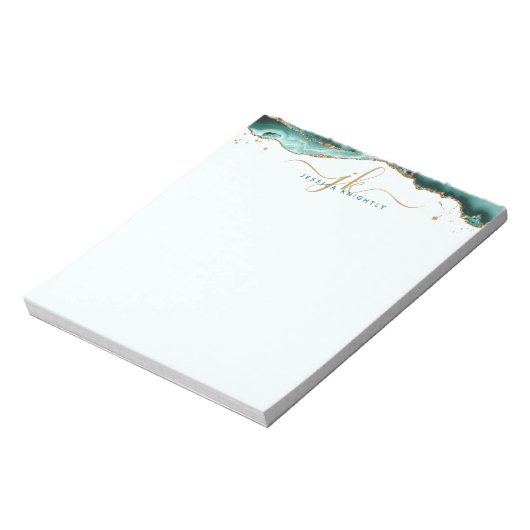 Turquoise Agate Geode Gold Glitzer Script Monogram Notizblock (Rotiert)