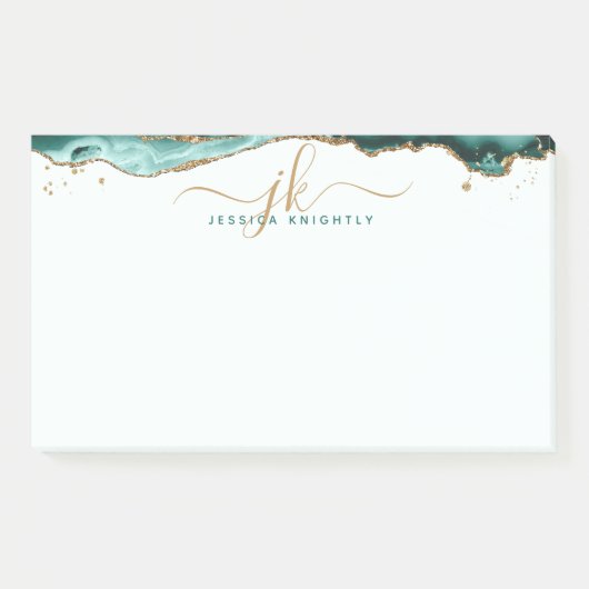 Turquoise Agate Geode Gold Glitzer Script Monogram Post-it Klebezettel (Vorderseite)