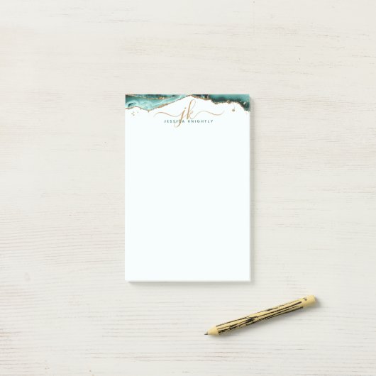 Turquoise Agate Geode Gold Glitzer Script Monogram Post-it Klebezettel (Auf Schreibtisch)