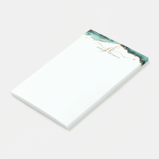 Turquoise Agate Geode Gold Glitzer Script Monogram Post-it Klebezettel (angewinkelt)