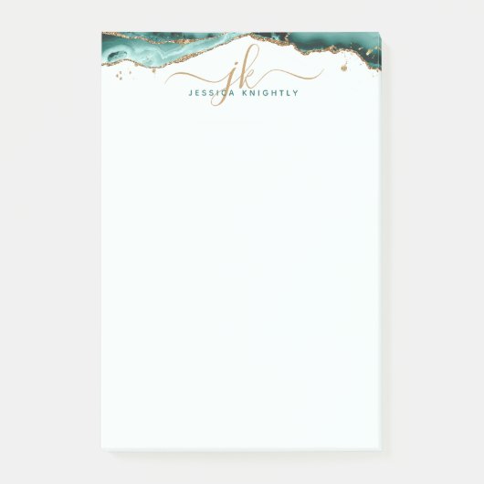Turquoise Agate Geode Gold Glitzer Script Monogram Post-it Klebezettel (Vorderseite)