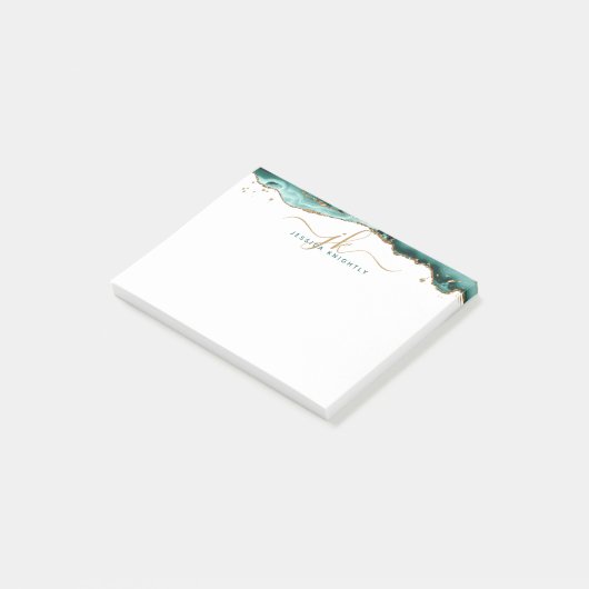 Turquoise Agate Geode Gold Glitzer Script Monogram Post-it Klebezettel (angewinkelt)
