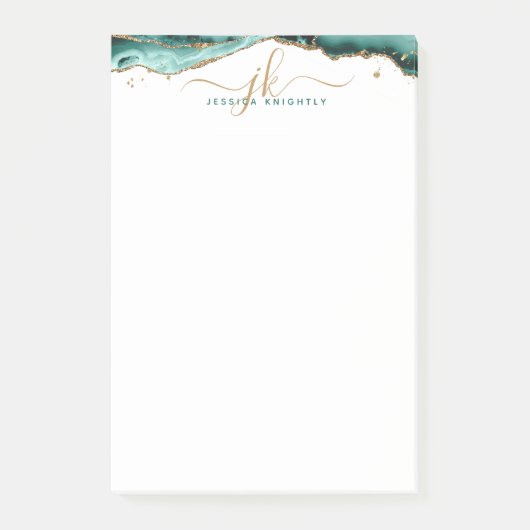Turquoise Agate Geode Gold Glitzer Script Monogram Post-it Klebezettel (Vorderseite)