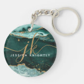Turquoise Agate Geode Gold Glitzer Script Monogram Schlüsselanhänger (Rückseite)