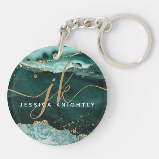 Turquoise Agate Geode Gold Glitzer Script Monogram Schlüsselanhänger (Rückseite)