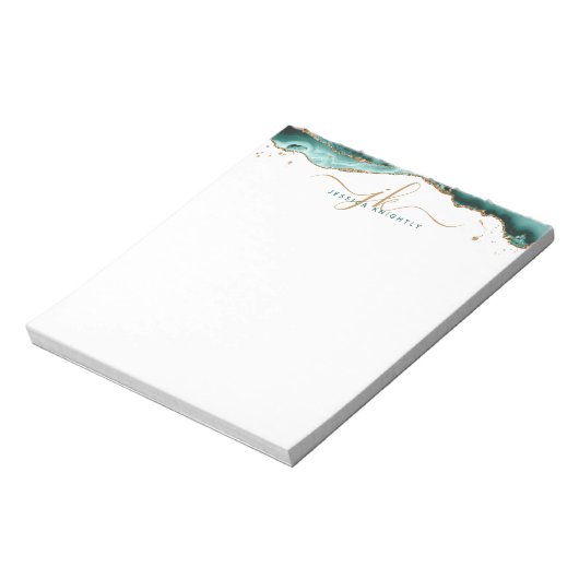 Turquoise Agate Geode Script Monogram Gold Glitzer Notizblock (Rotiert)