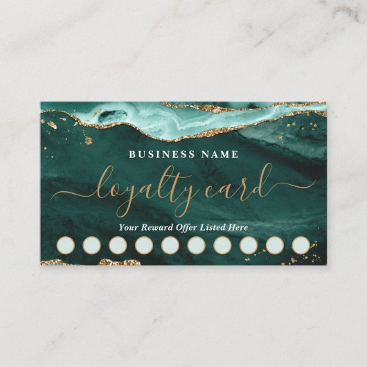 Turquoise Agate Gold Glitzer Script 10 Punch Treuekarte (Vorderseite)
