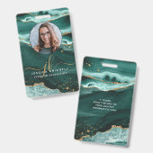 Turquoise Agate Gold Glitzer Script Monogram Foto Ausweis (Vorder- & Rückseite)