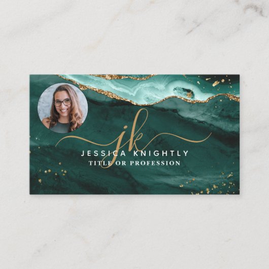 Turquoise Agate Gold Glitzer Script Monogram Foto Visitenkarte (Vorderseite)