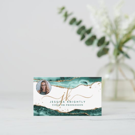 Turquoise Agate Gold Script Monogram Foto Visitenkarte (Stehend Vorderseite)