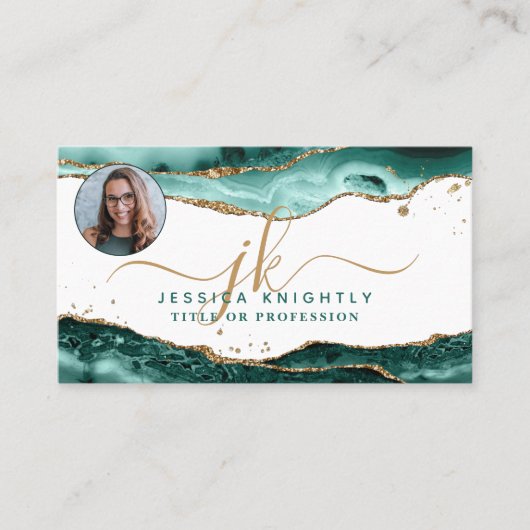 Turquoise Agate Gold Script Monogram Foto Visitenkarte (Vorderseite)