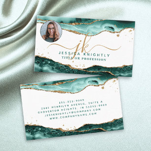 Turquoise Agate Gold Script Monogram Foto Visitenkarte