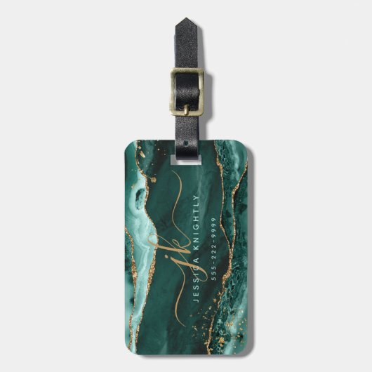 Turquoise Agate Script Monogram Gold Glitzer Gepäckanhänger (Vorderseite vertikal)