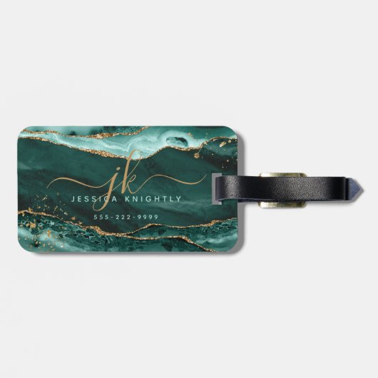 Turquoise Agate Script Monogram Gold Glitzer Gepäckanhänger (Rückseite horizontal)