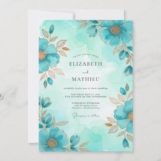Turquoise Airy Botanical Wedding Einladung (Vorderseite)