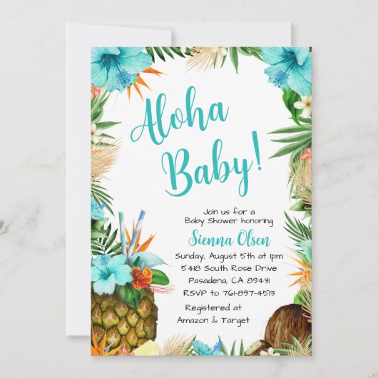 Turquoise Aloha Baby Shower, Hawaiian Luau Einladung (Vorderseite)