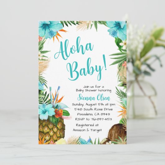 Turquoise Aloha Baby Shower, Hawaiian Luau Einladung (Stehend Vorderseite)