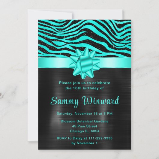 Turquoise and Black Zebra Stripes Sweet Sixteen Einladung (Rückseite)