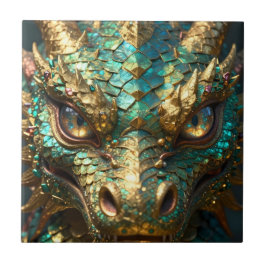 Turquoise and Gold Dragon Face Fliese