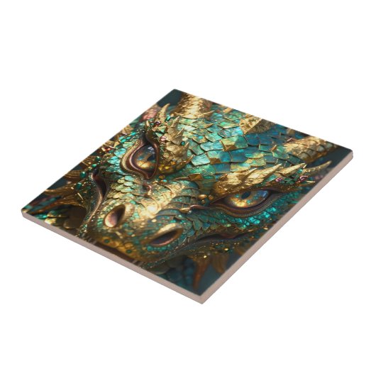 Turquoise and Gold Dragon Face Fliese (Seite)