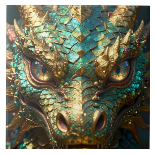 Turquoise and Gold Dragon Face Fliese (Vorderseite)
