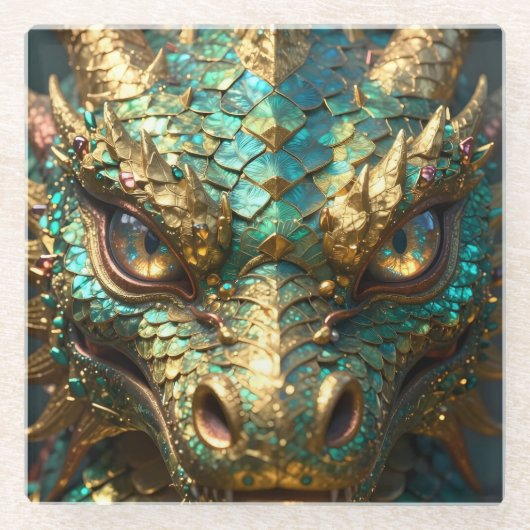 Turquoise and Gold Dragon Face Glasuntersetzer (Vorderseite)