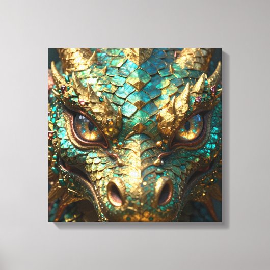 Turquoise and Gold Dragon Face Leinwanddruck (Vorderseite)