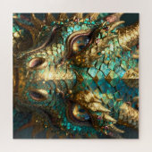 Turquoise and Gold Dragon Face Puzzle (Horizontal)