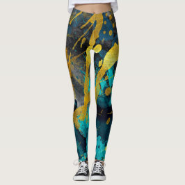 Turquoise and gold ink strokes in metallic texture leggings