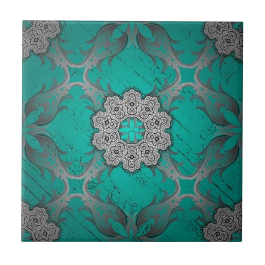 Turquoise and Silver Ornamental Mandala luxury  Fliese (Vorderseite)