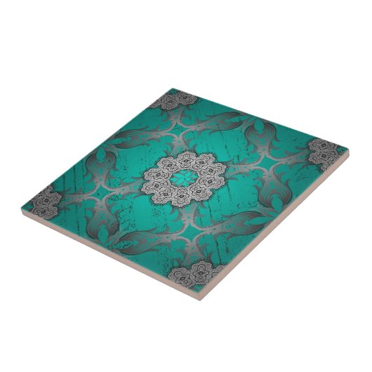 Turquoise and Silver Ornamental Mandala luxury Fliese (Seite)